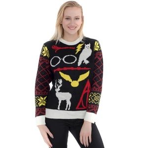 Junk Food NWOT Harry Potter Owl Deathly Hallows Sweater Black Multi Medium Cozy